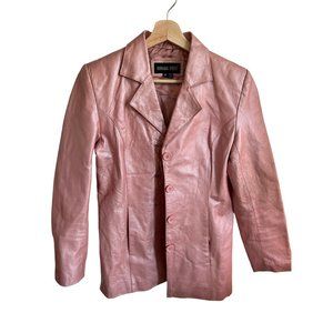 Oscar Piel Pink Leather Jacket Coat Blazer Women's Size Medium Metallic Collared